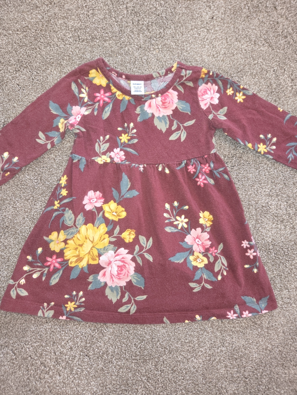 Old Navy Maroon Floral Long-Sleeve Dress for Girls: 18-24 Month